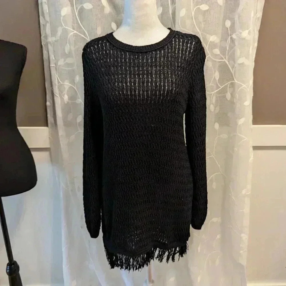 J.Jill Black Ribbed Fringe Tunic Sweater, Black, Size S